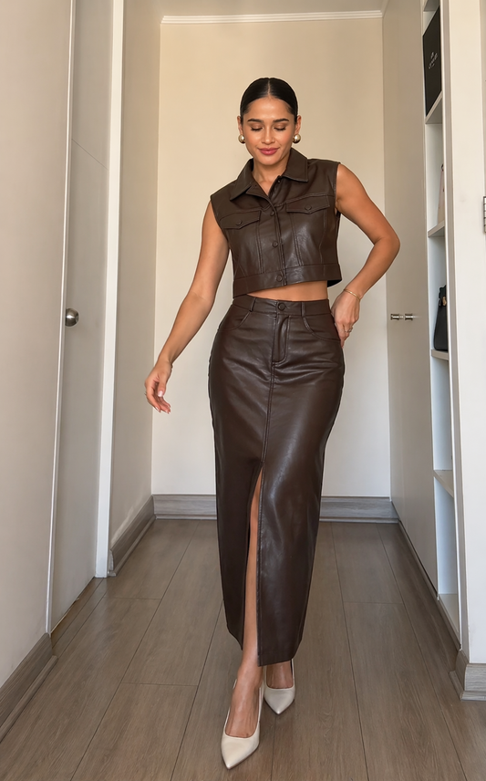 Conjunto Morrigan en Cuerotex para Mujer | Falda + Chaleco